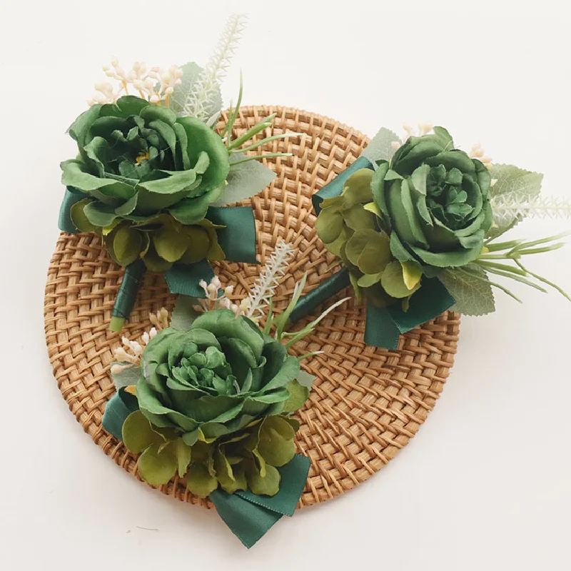 Suministros de boda para invitados, flor simulada para novio y novia, flor para el pecho, mano, Verde Europeo, 2421