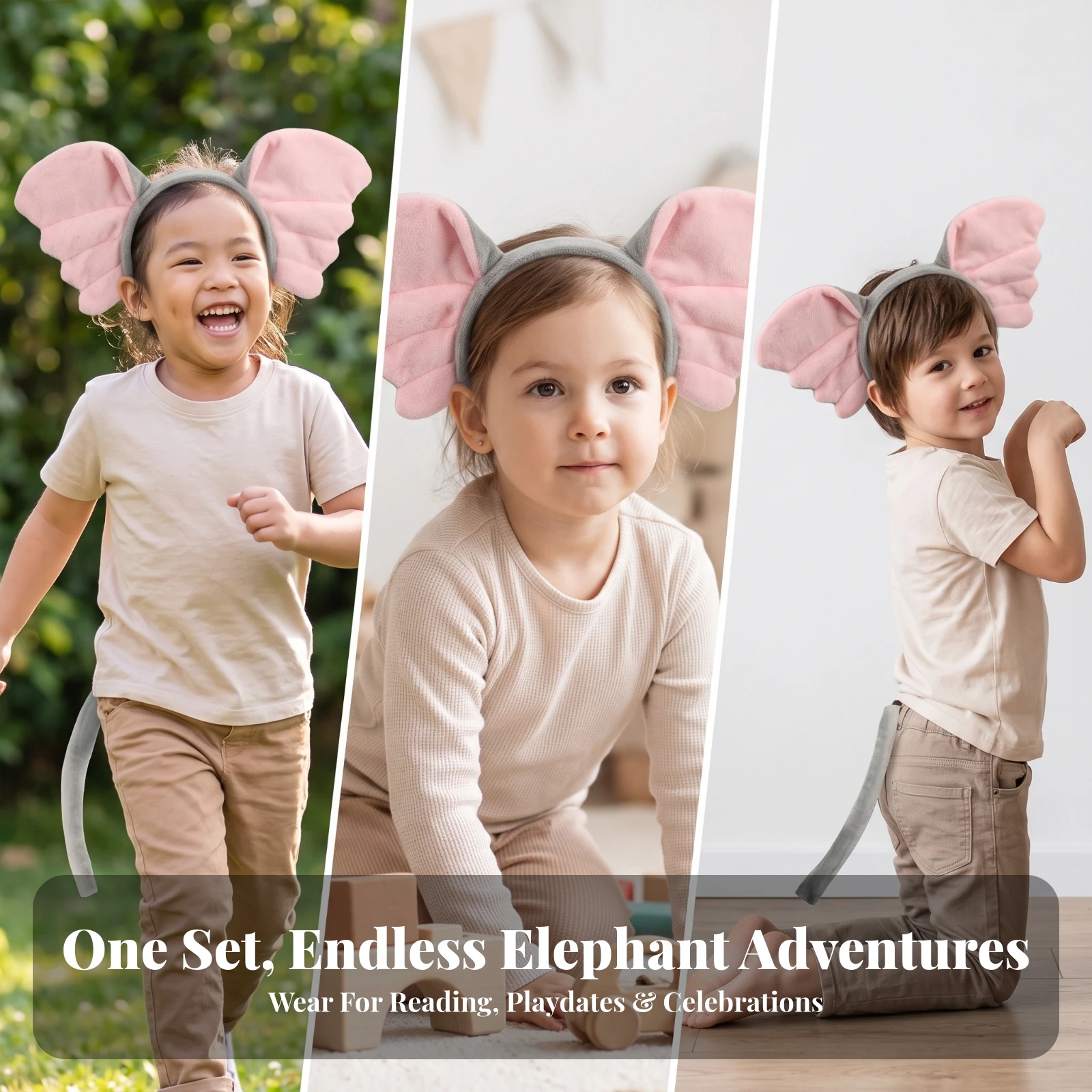 2 Pieces Elephant Headband and Tail Cute Elephant Costume Set Animal Ears Headband with Tail Lightweight Fun for Children