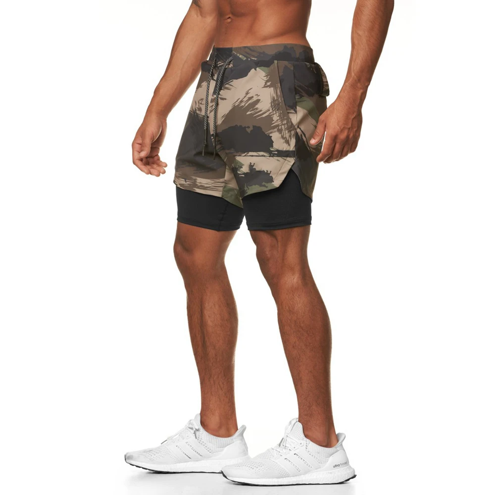 Mens 2 IN 1 Fitness Shorts Gym Bodybuilding Mesh Stretch Shorts Two Pieces GYM Camo Green Training Running Workout Short Pants