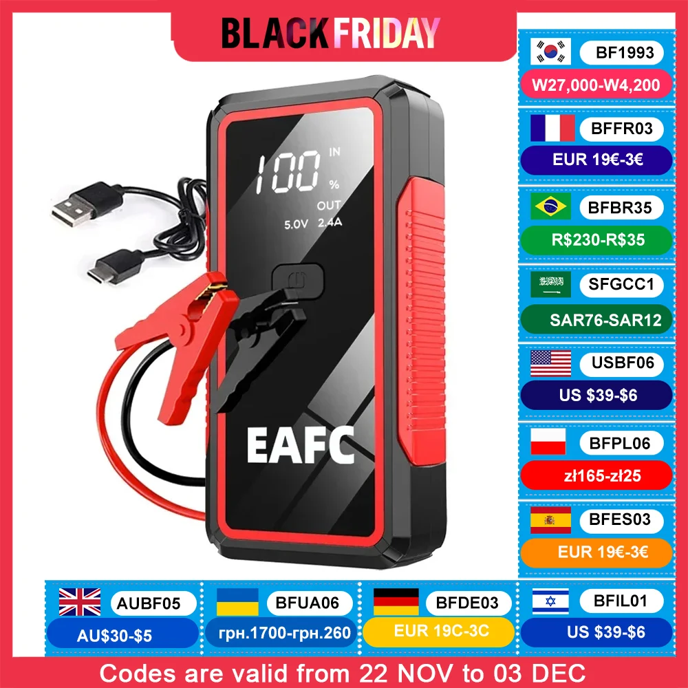 EAFC  Car Jump Starter Power Bank 12V Portable Car Battery Booster Charger Starting Device Petrol Diesel Car Starter Buster