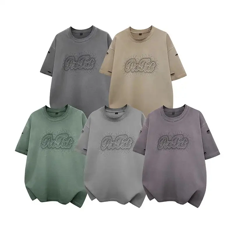 

Men's 2026 New Summer American Vintage Style T-Shirt Distressed Hot Drilling Street Fashion Trend Loose Casual Short Sleeve Roun