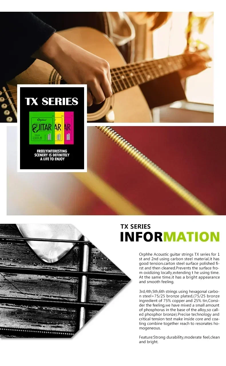 Orphee Akustikgitarren-Saiten TX620/TX630/TX640 X-Serie Kohlenstoffstahl Sechseckige Legierung Messing Folkgitarren-Saiten für Anfänger und Übung – Detail 3