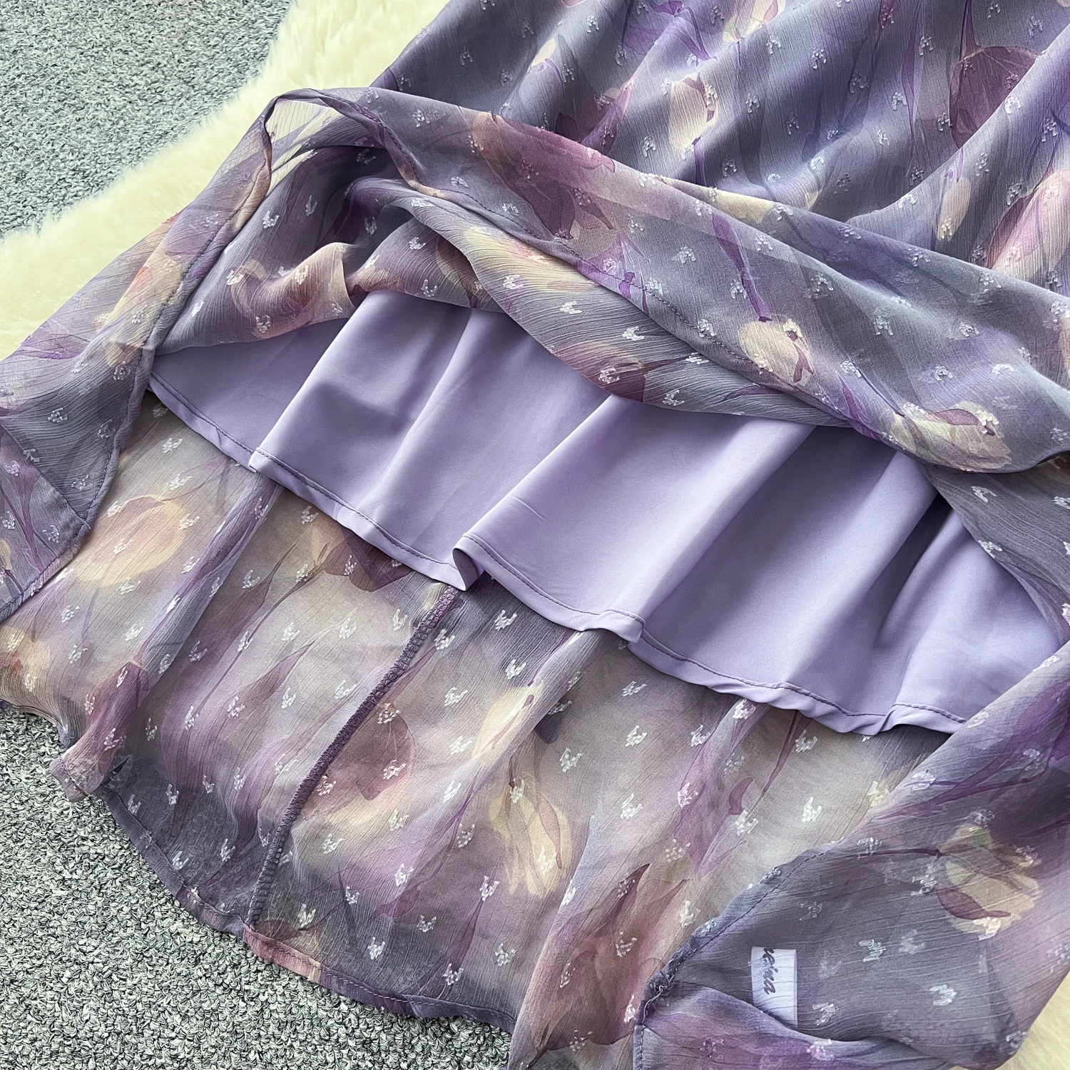 Chic stampa vintage con lacci in rete con volant in chiffon senza maniche Elegante fata moda coreana Boho Sundress abbigliamento donna