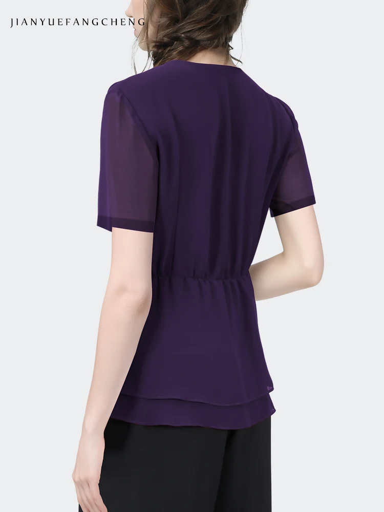 Fashion V-Neck Slim Women\' Short Sleeve Purple Chiffon Top Summer Blouses Asymmetrical Ribbon Design Casual Working Shirts