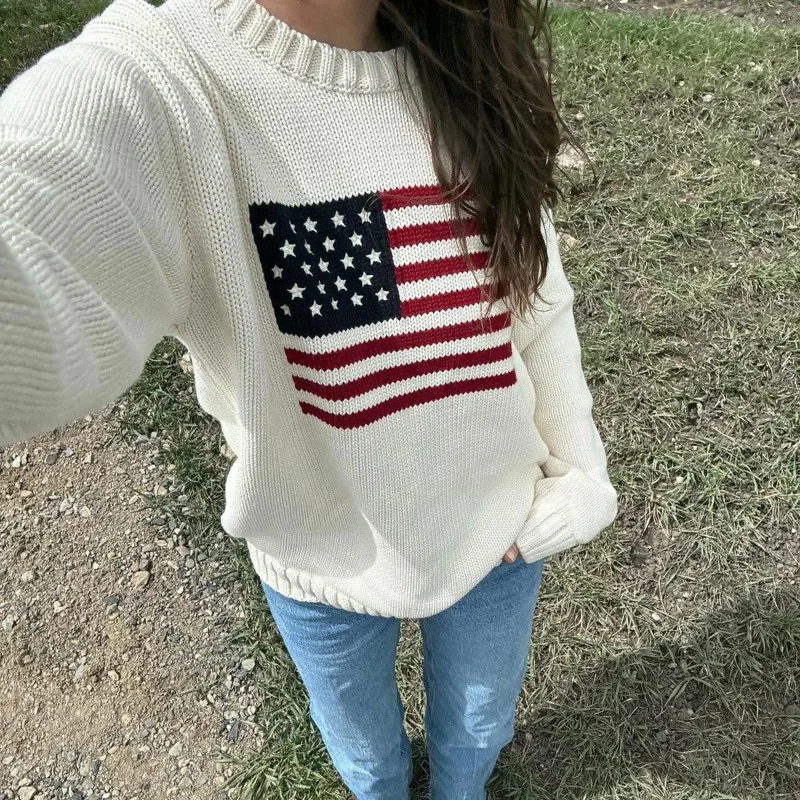 

Puloru Women's Loose Fit Sweaters Fall Winter Casual Stars Stripe Flag Print Round Neck Long Sleeve Pullovers Knitted Jumpers