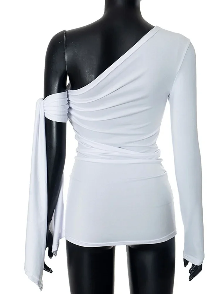 Inclined Collar T Shirts For Women Y2k Clothes Chain Printed Tops Bandage Sleeve Camisetas Slim Fit Ropa De Mujer Club Outfit