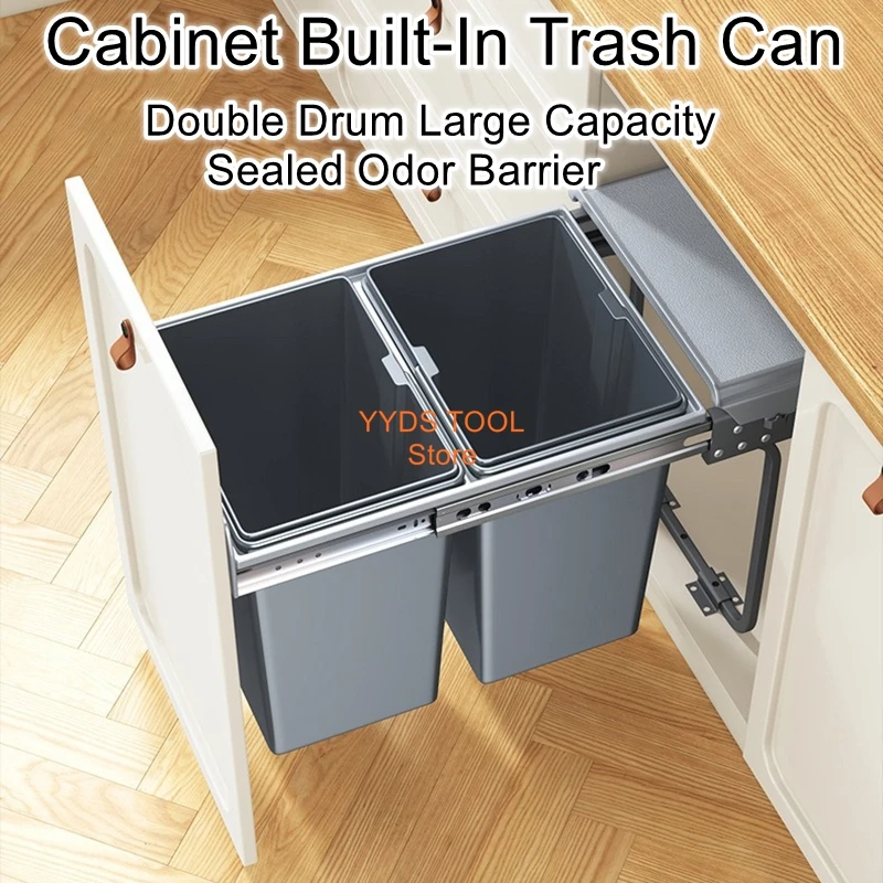 

Kitchen Recessed Trash Can Cabinet Inside Kitchen Dual Bucket Household with Lid Pull Out Basket Hidden Cleaning Bucket