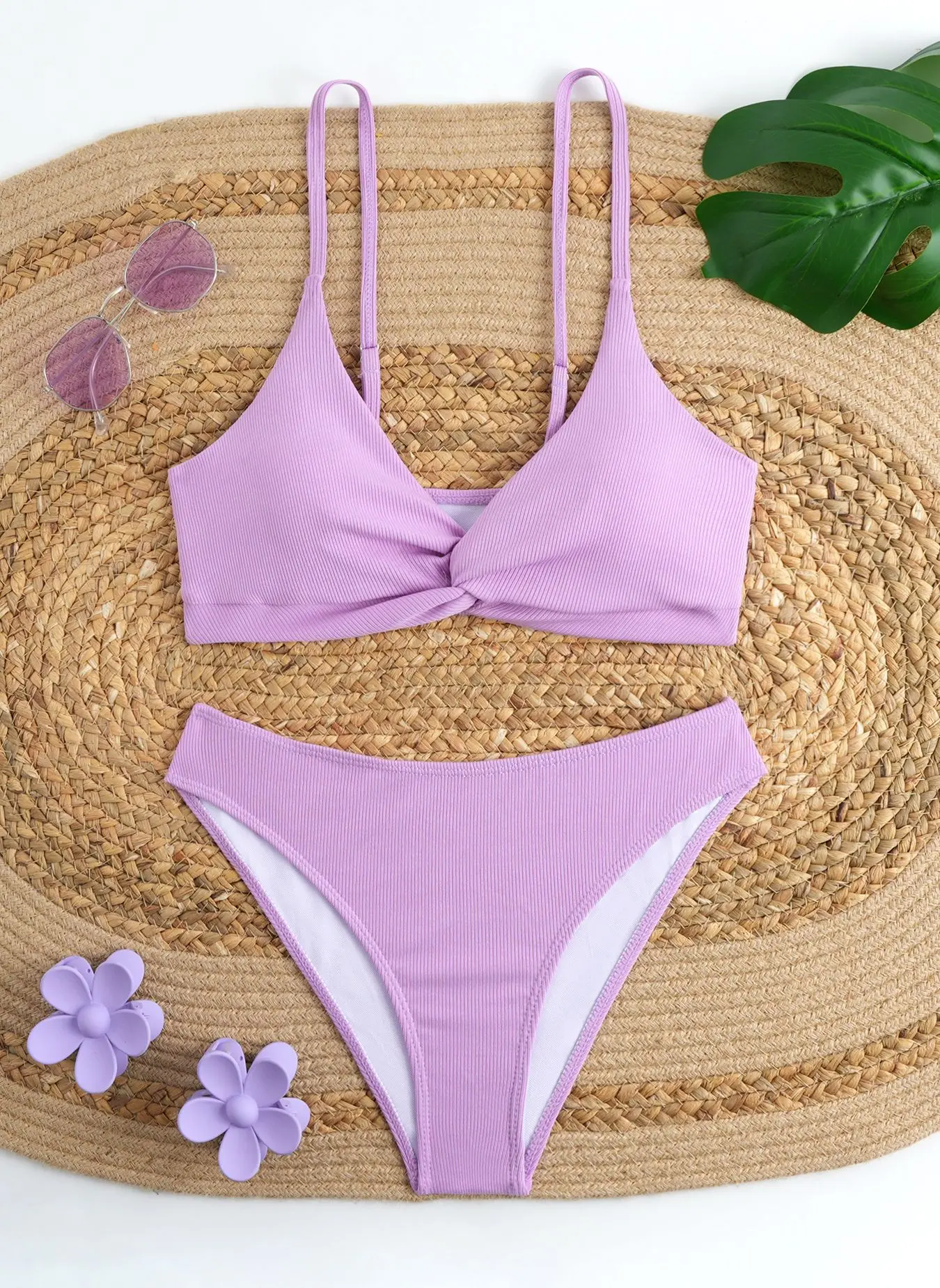 sexy ribbed purple plain knot bikinis sets two pieces thong swimsuits bathing suit swimwear biquini tankini trikini