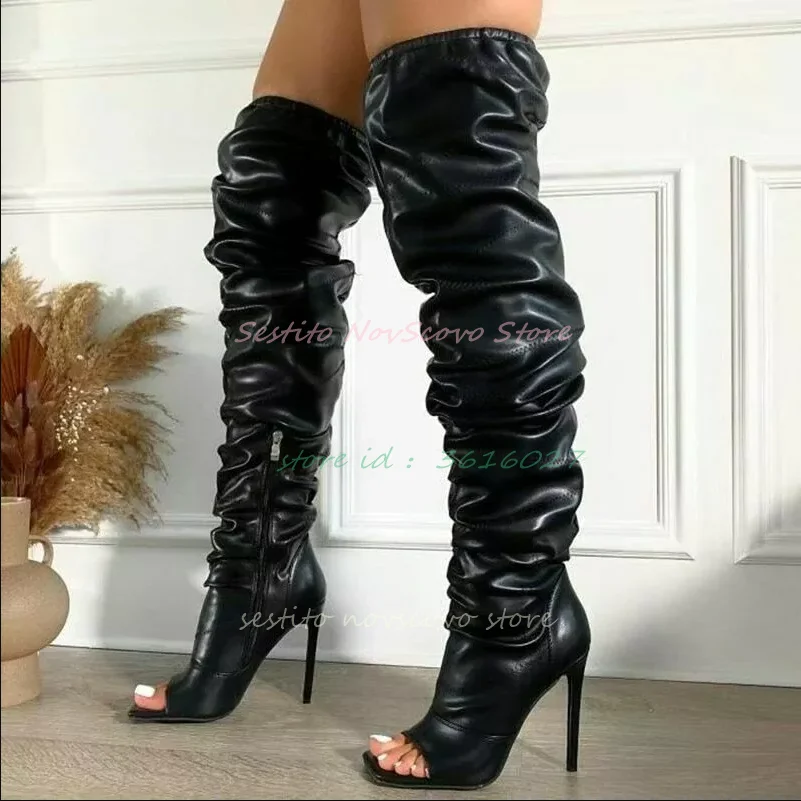 

Peep Toe Leather Over The Knee Boots Stiletto Heels Spring Sexy Women Sewing Thigh High Boot Side Zip Fashion Lady Sandals Boot