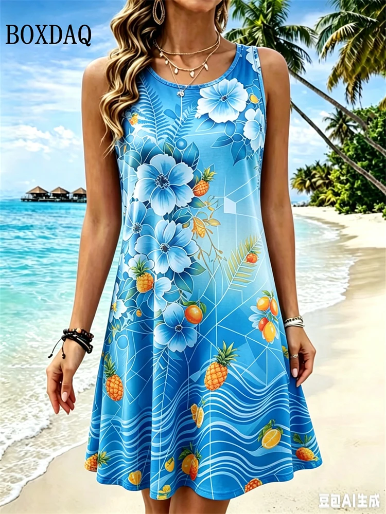 

2026 Summer Beach Vacation Short Dress Abstract Fashion Women's Plus Size Casual Sleeveless Flowers Printing Loose A-Line Dress