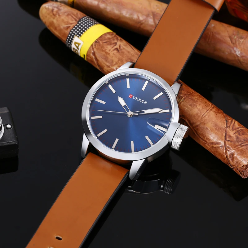 CURREN 8208 Men's Quartz Watch Fashion Blue Simple Business Brown Leather Strap Analog Display Wrist Watches for Male Clock Gift