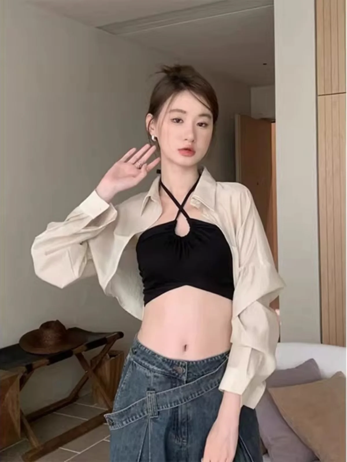 

Women's Summer Thin Ice Silk Shirt Sun Protection Outerwear with Strap Vest Top Cardigan Korean Style Loose Fit Long Sleeve