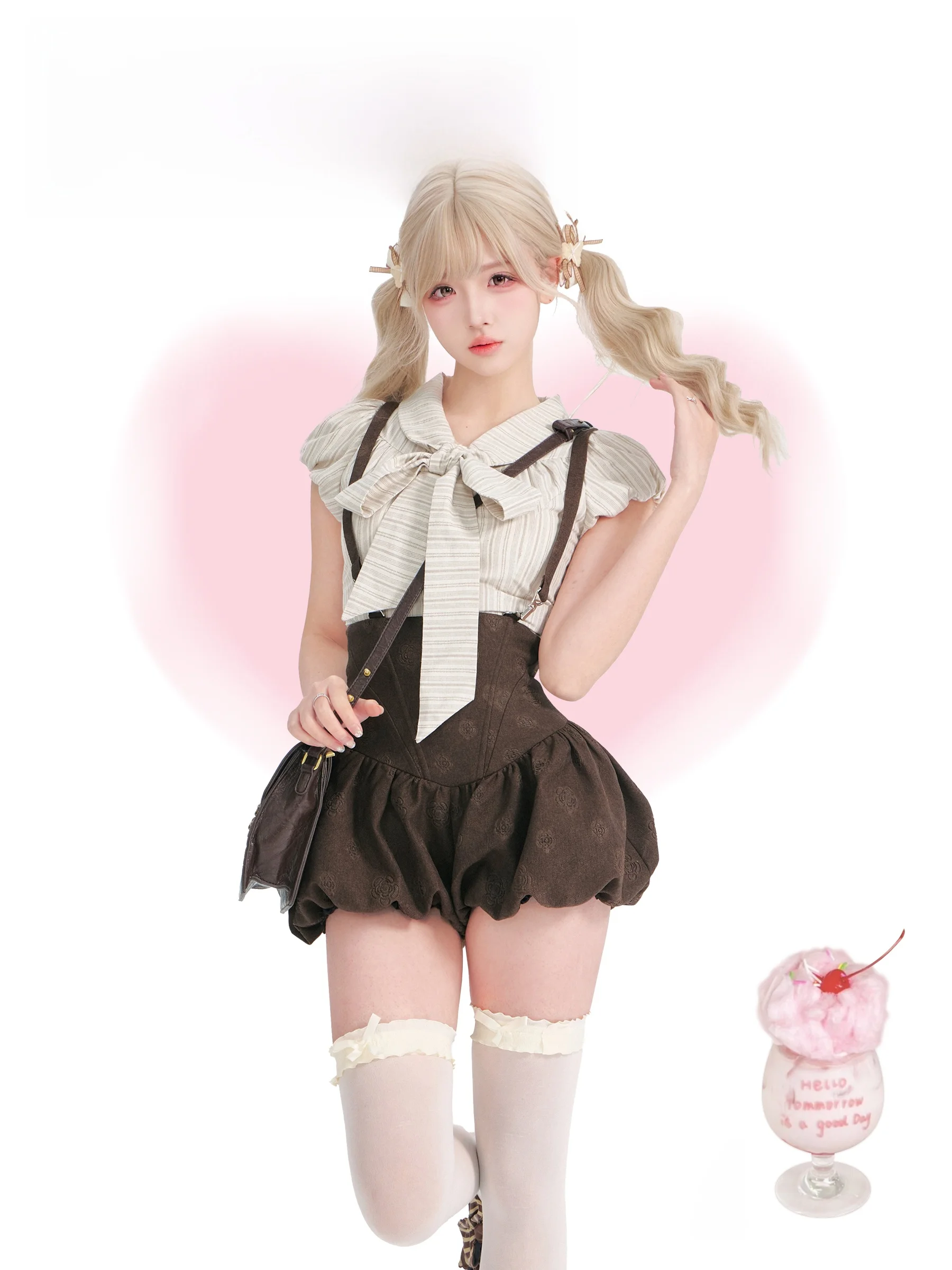 

Caramel Cocoa Striped Shirt with Bibs Bloomer Pants College Style Light Brown Checkered Shirt for Girls Student Daily Wear