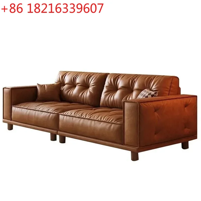 YAO Retro Caramel Oil Wax Cowhide Leather Sofa Medium Size Straight Row Living Room Furniture Tofu Block Design Vintage Style