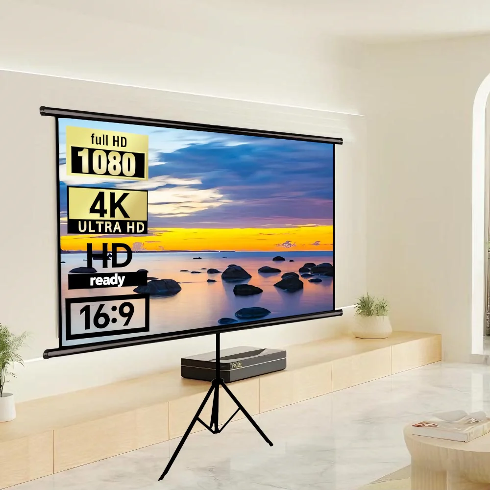 120-Inch Projection Screen with Stand, 16:9 Aspect Ratio, Foldable and Wrinkle-Resistant, Washable, Portable, Suitable for Indoo
