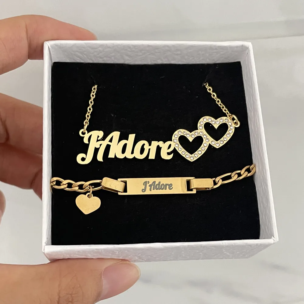 

Lulu's Customized Name Jewelry Set For Girls Rhinestone Heart Personalized Nameplate Pendant Cute Necklace Bracelet Women Gift