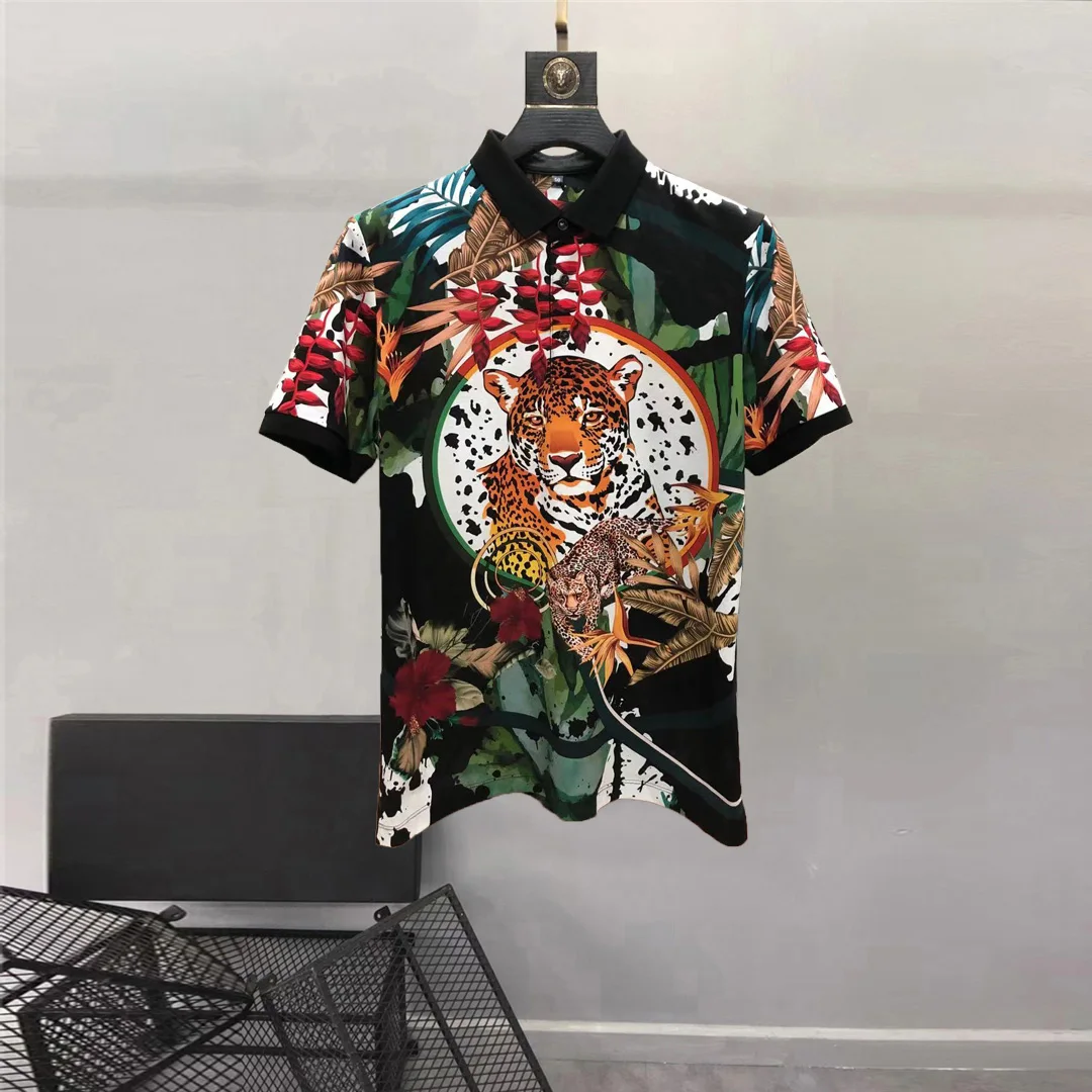 

European and American men's wear summer 2022 new Short sleeve lapel print palace tiger Fashion cotton T-shirt