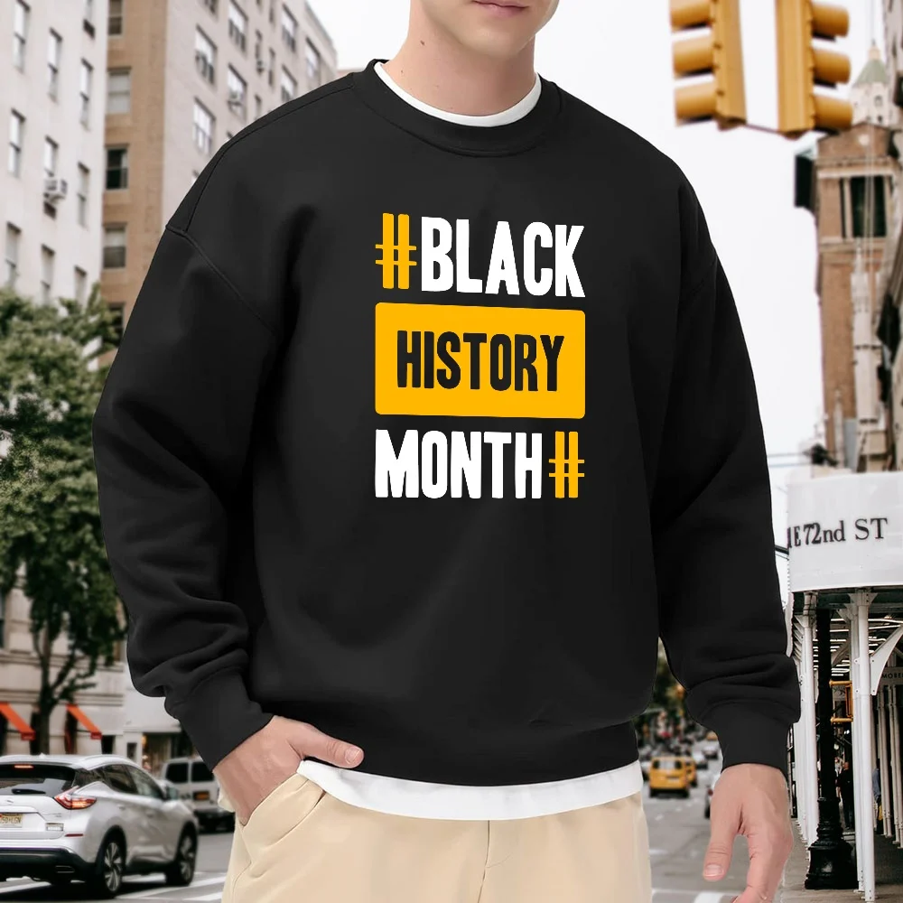 

Men's Black Crew Neck Pullover Sweatshirt, Loose Fit with Letter Print, Street Fashion Casual Versatile Top, Comfortable and Warm for Everyday Wear