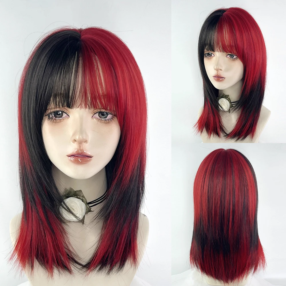 Red Black Highlights Short Straight Synthetic Wigs with Bangs Lolita Cosplay Fluffy Women Wig for Daily Party