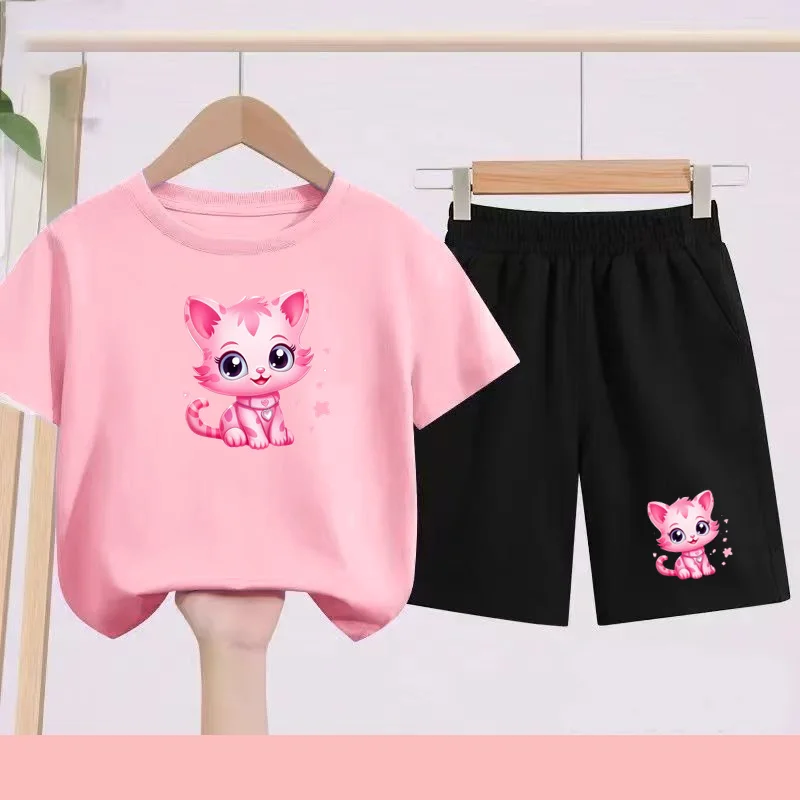 

Children's Sportswear Set: Pink Cute Cat T-shirt + Shorts Set. Girls Like Pink T-shirt Sets. T-shirts for Children Aged 3 to 13