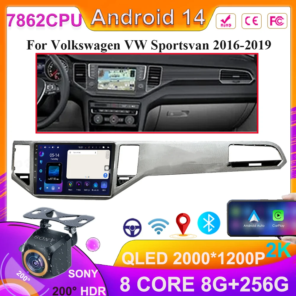 Car 10.2 Inch For VOLKSWAGEN VW SPORTSVAN 2016-2019 Radio Android 14 Auto Radio Carplay Multimedia QLED Touch Screen Display 5G