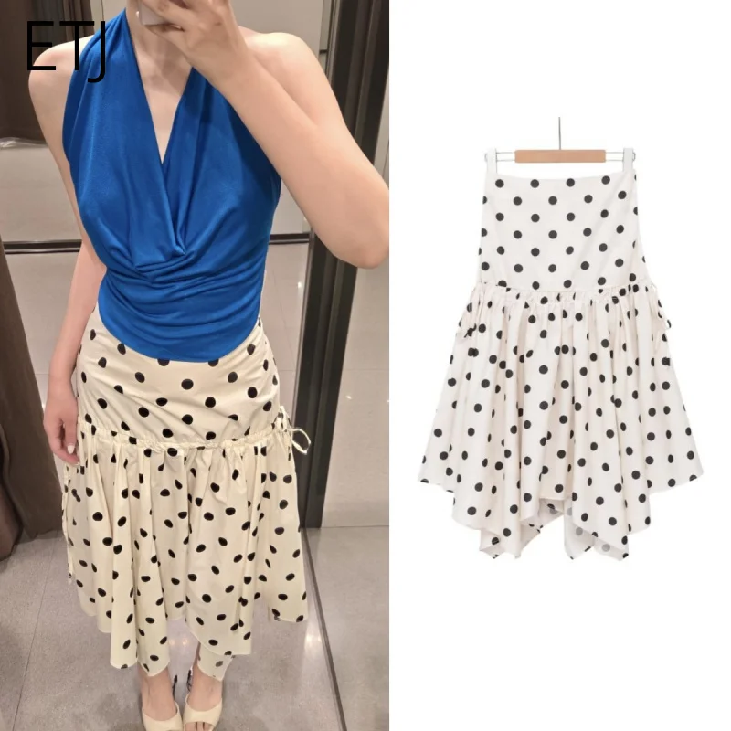 

Женская юбка миди в горошек ETJ, весна 2026, с высокой талией, оборками, многоярусная, асимметричный подол, расклешенная, винтажный французский стиль