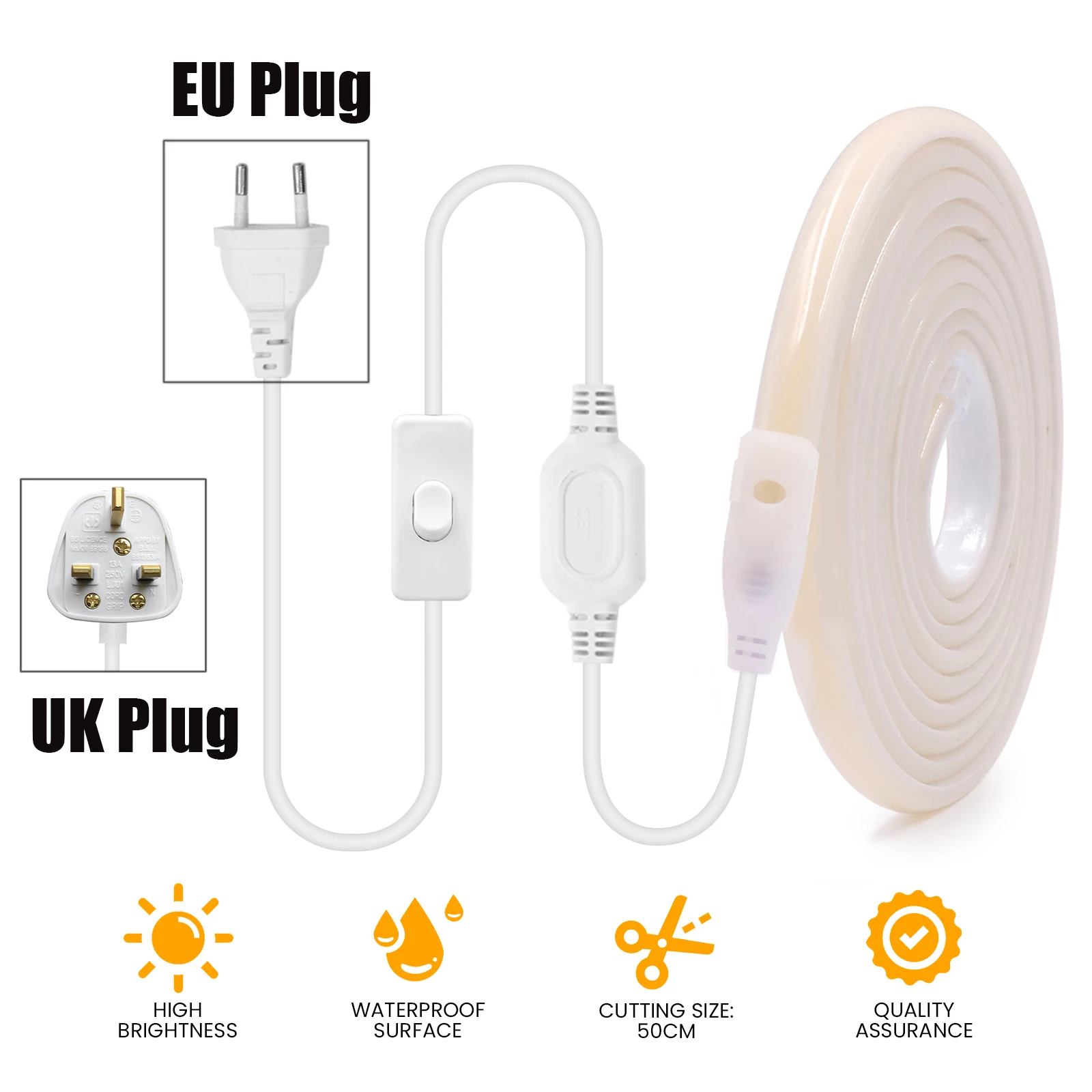 AC 220V COB LED Strip Waterproof 288LEDs/M With EU/UK Switch Plug Home Garden Kitchen Room Decor Flexible Ribbon Tape Neon Light