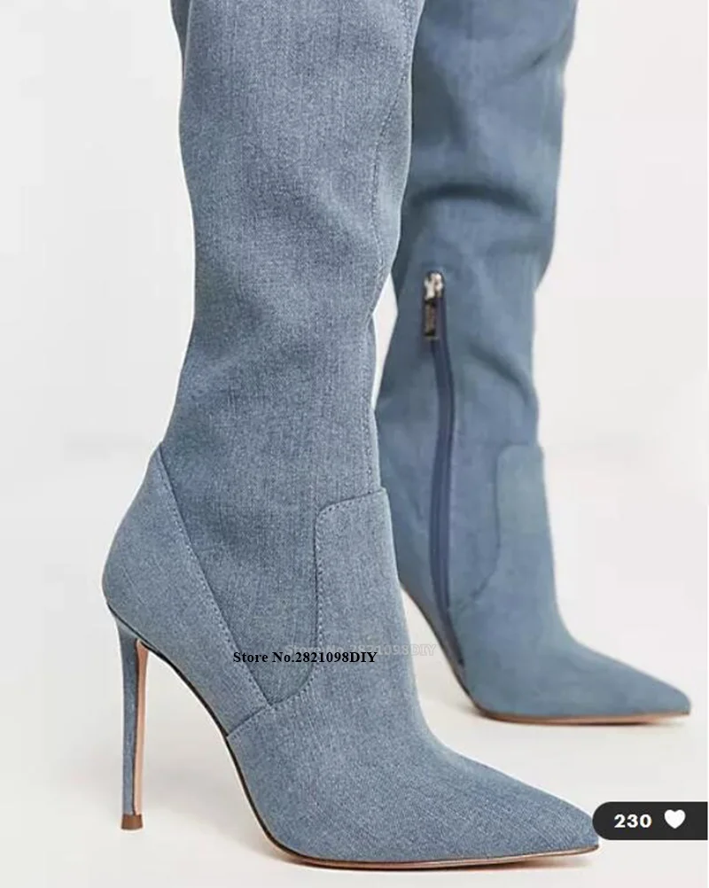 Pull On Over The Knee Boots In Stretch Denim Women Stiletto Heeled Pointed Toe High Point Heel Long Boot image 3