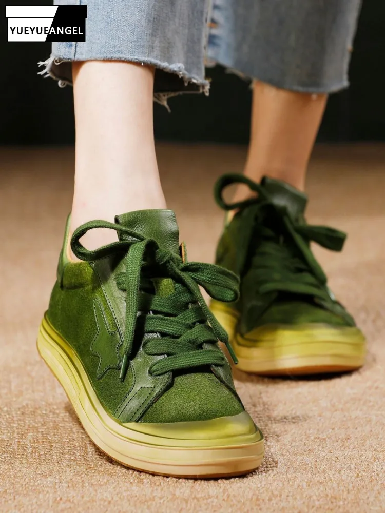 Women Wear Resistant Real Leather Low Heels Pumps Solid Color Lace-up Cowhide Casual Shoes Round Toe Sneakers Fashion Footwear