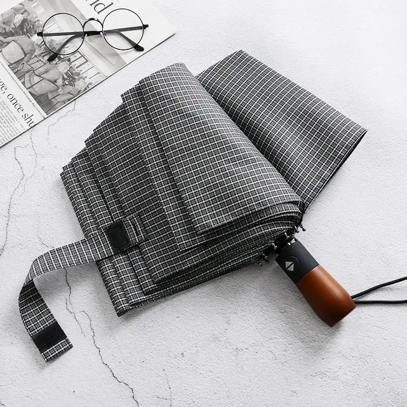 

10 Bone Wooden Handle Fully Automatic Umbrella Creative Sunshade Folding Windproof Rainproof Advertising Checkered Umbrella