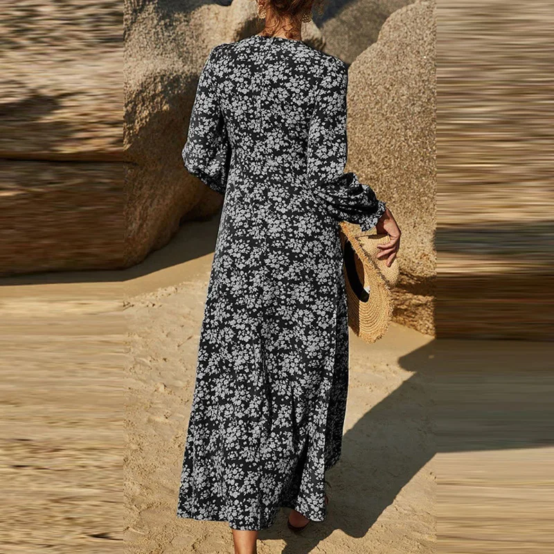Vintage Floral Print Schlank Bohemian Kleid Frauen Mode Rundhals Lange Party Kleid Herbst Langarm Strand Maxi Kleider Vestido