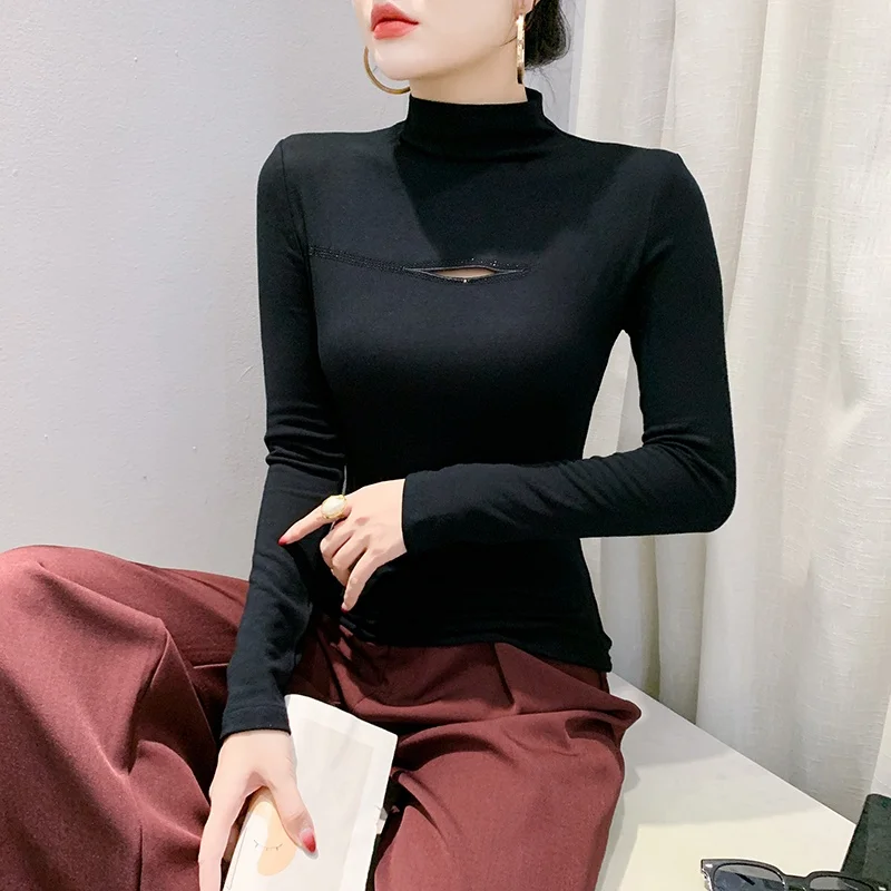 

Ele High Ne Long Sve Women's Base irt Tight Inner Wear T-irt Trendy Hollow out Design Cotton Blend Commute Sle