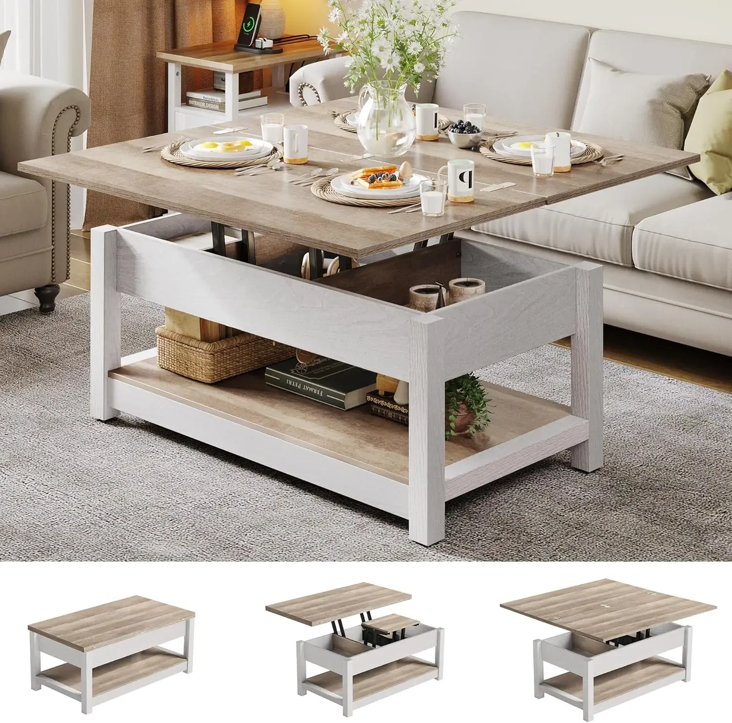 Lift Top Coffee Table, 3 in 1 Multi-Function Coffee Tables with Storage for Living Room, Farmhouse Modern Dining Table