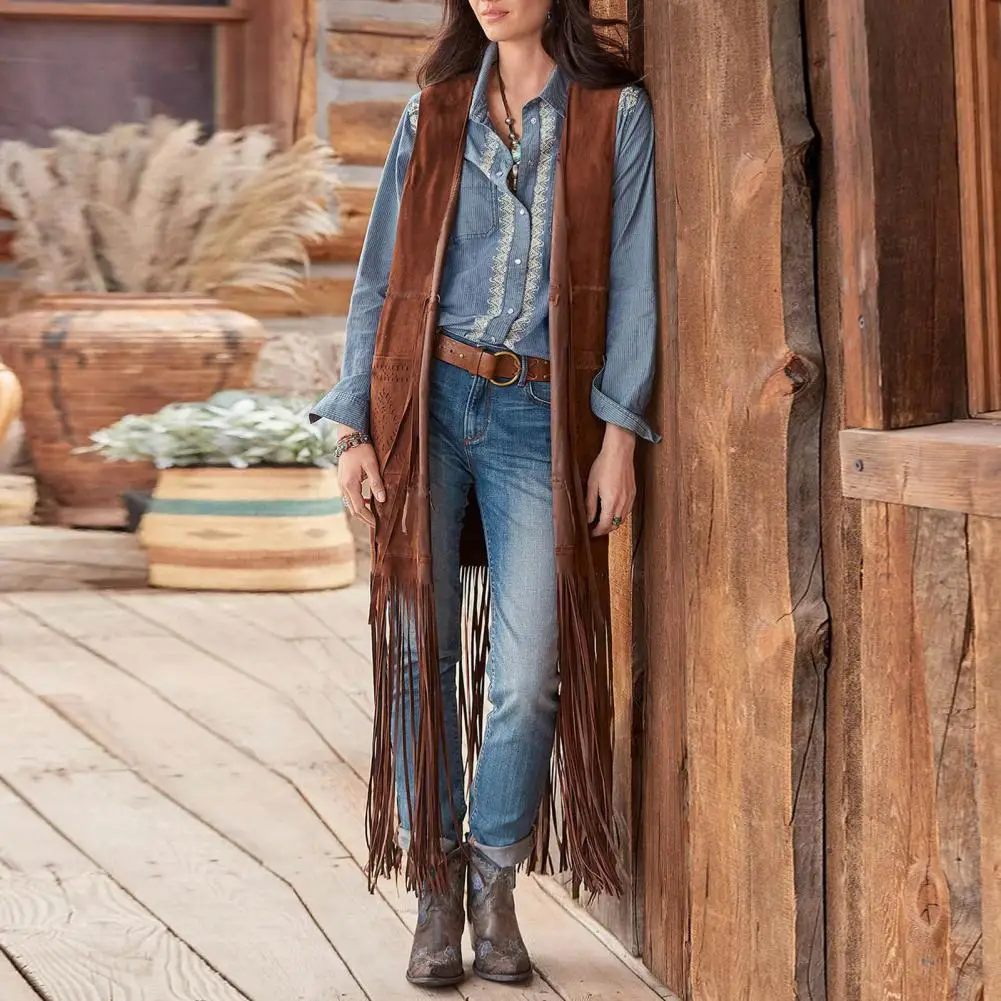 Women Fringed Vest Long Tassel Open-Front Sleeveless Loose 70s Cardigan Solid Color Patch Pocket Cowboy Cosplay Waistcoat
