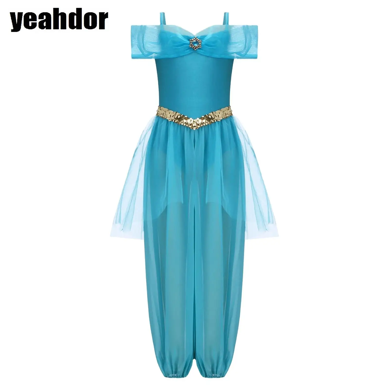 

Arabian Princess Costume Rhinestone Adjustable Strap Sequin Belly Dance Jumpsuit Mesh Overlay Long Pants Halloween Arabic Romper