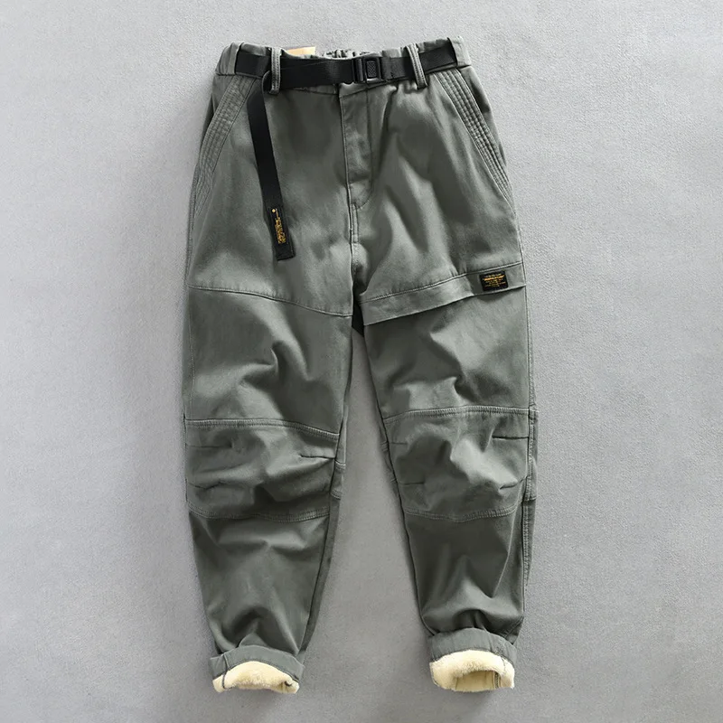 Z381 Winter Fashion Men's Thicken Fleece Warm Pants Good Quality Cotton Fabric Solid Color Basic Multi-pocket Cargo Trouser Male