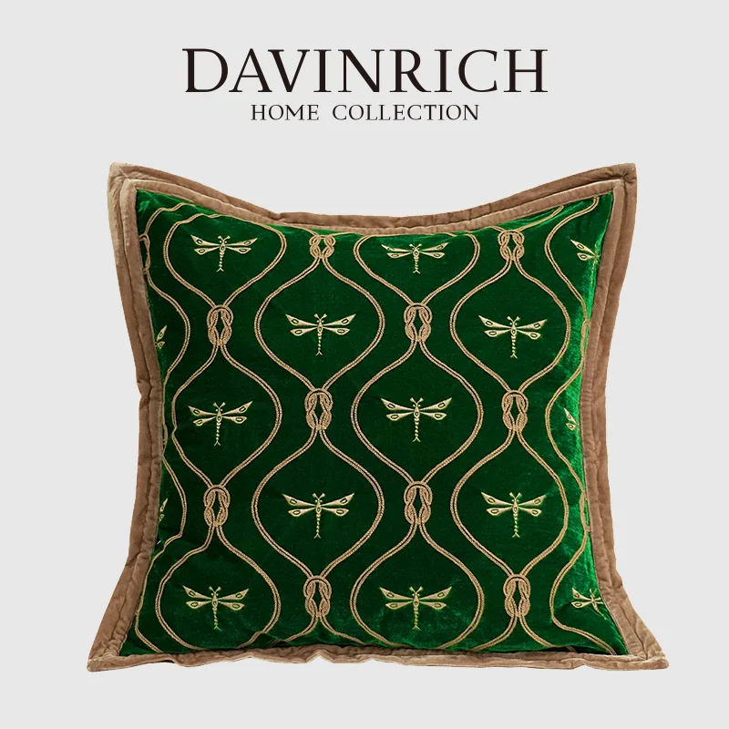 DAVINRICH Goldbesticktes Dekokissen mit Libellenmotiv aus Samt, luxuriöse und exquisite Kissenbezüge in Smaragdgrün