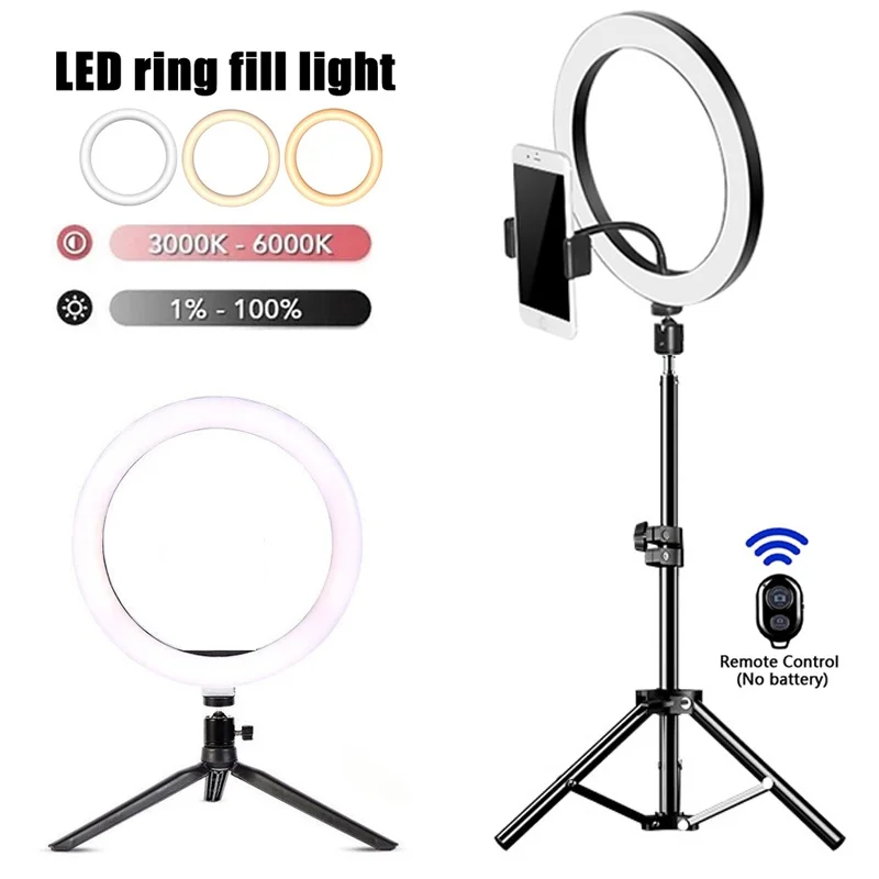 Anillo de luz LED para Selfie, luces de fotografía, lámpara fría y cálida con trípode, Control remoto USB regulable para vídeo de teléfono, lámpara de relleno en vivo