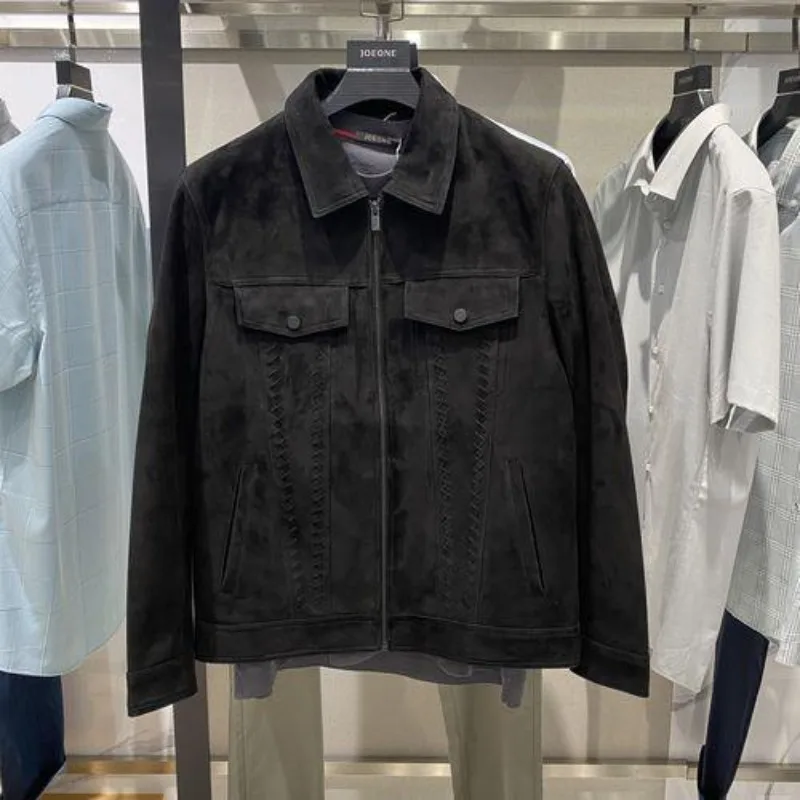 جلد البقر الصوفي على الوجهين، جلد طبيعي، سترة جلدية سوداء من جلد الغزال، أحذية داخلية، قماش مضاد للصوف.