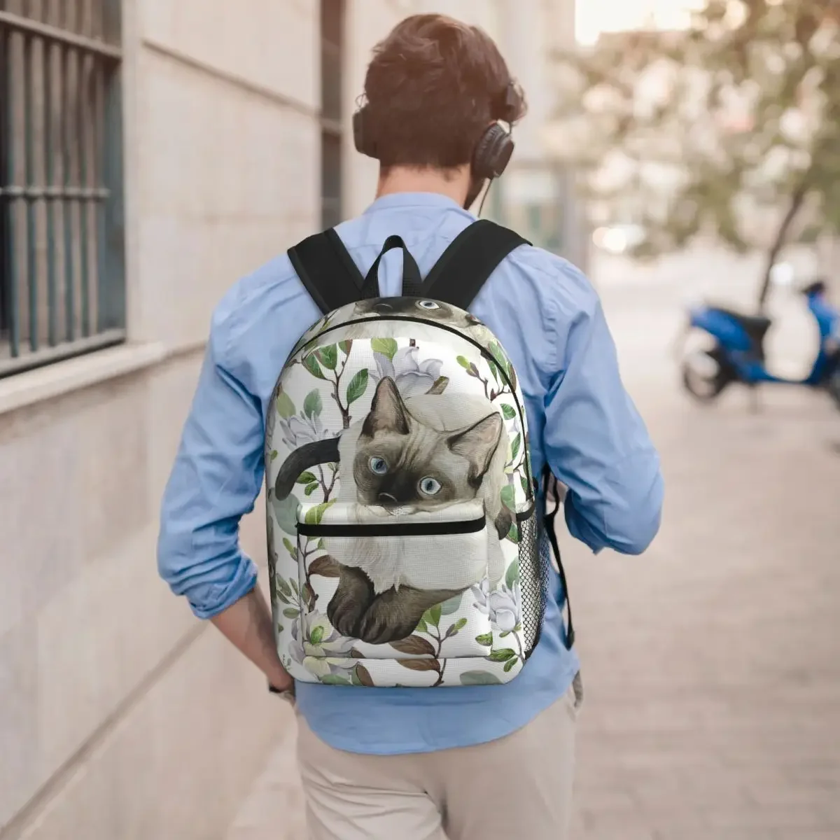 Siamese Cat In Beautiful Floral Student Backpack School Bag Hiking Travel Daypack for Men Women Bookbag Shoulder Bags