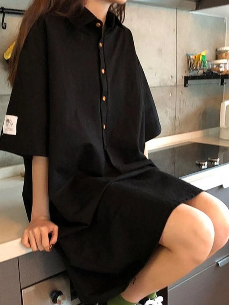 T-shirt d'été pour femmes, grande taille, Dr ort Sve Midi Dr Bla, longueur aux genoux, col irt, coupe confortable