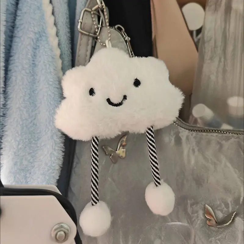 Cute Cloud Plush Keychain Smiley Face Fluffy Ball Pendant Soft Stuffed Doll Bag Charm DIY Decor Accessories Backpack Key Ring