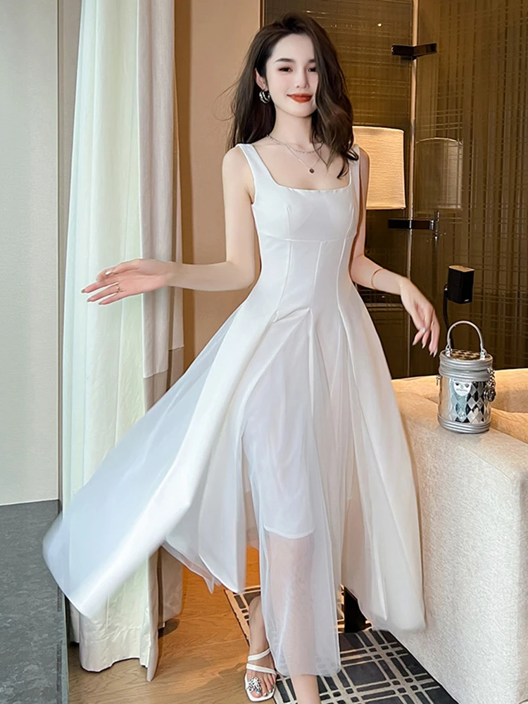 Elegante Urlaub Maxi kleid Frau süße Fee weiß schiere Mesh Spleiß Slip Ballkleid weibliche Party lange Robe Maxi Swing Robe Strand