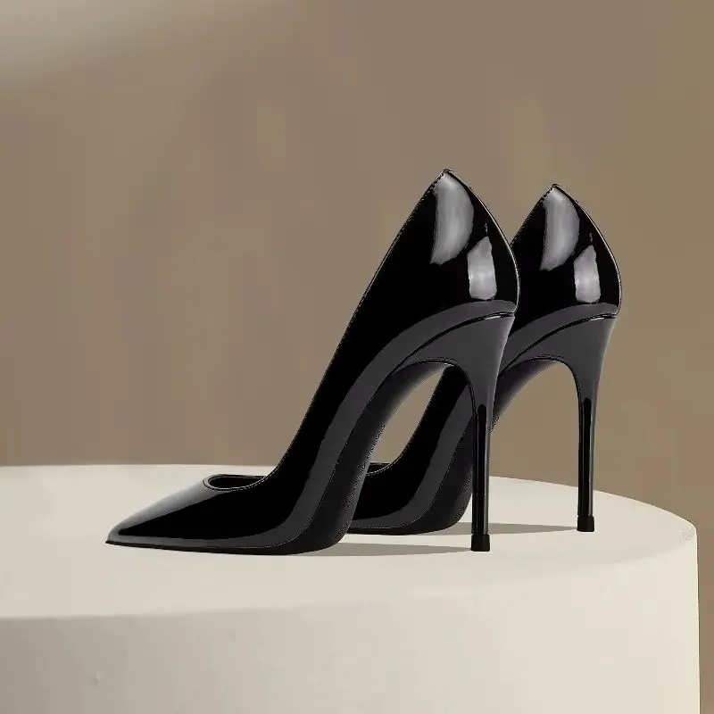 New side empty slim heel versatile high heels, black sexy pointed patent leather professional women's work shoes, single shoes
