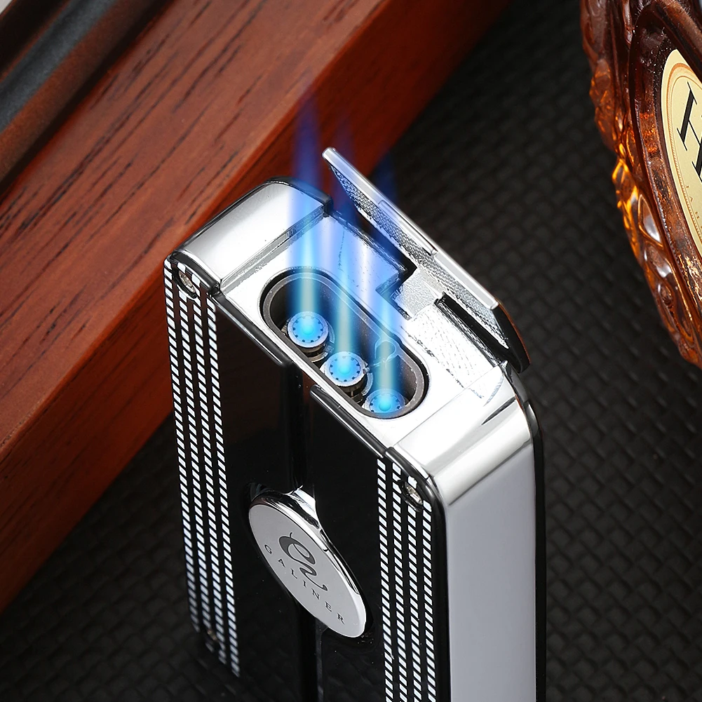 GALINER Cigar Lighter Gas Butane Refilling Metal Windproof 3 Jet Torch Lighters W/ Puncher Drill Cigar Accessories