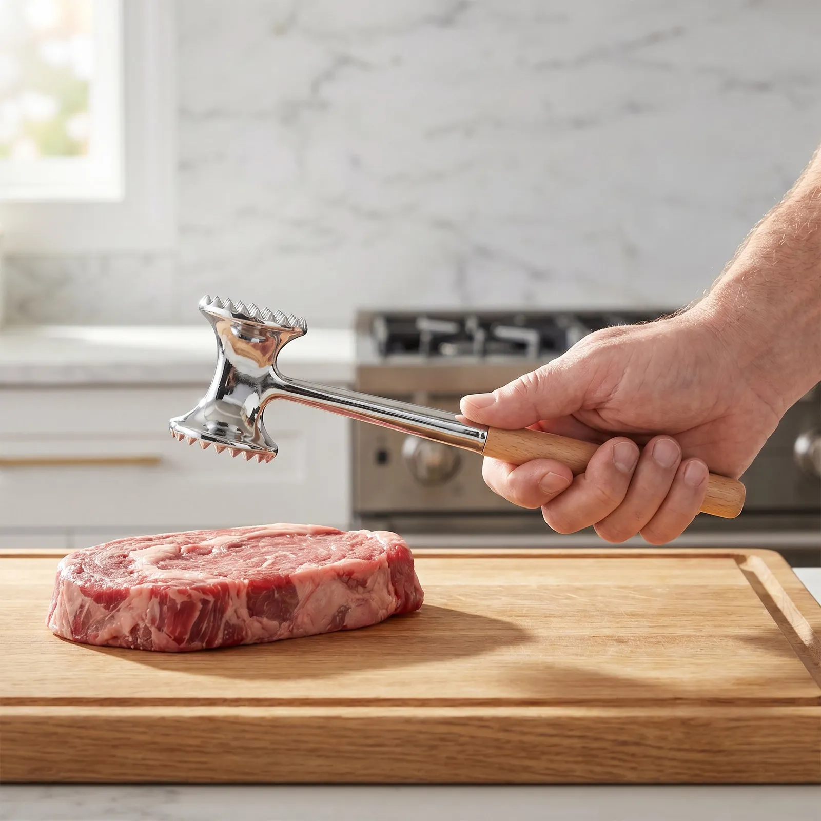 Stainless Steel Meat Tenderizer Mallet Dual Sided Wooden Handle Pounder for Steak Beef Chicken Cutlets