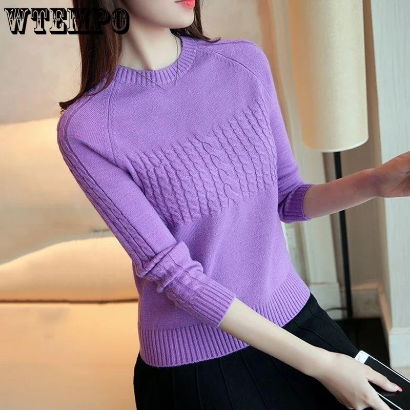 WTEMPO Spring Fall New O-Neck Long Sleeve Knitted Pullovers Women Fashion Simple Casual Solid Color Slim Sweaters Soft Knitwear