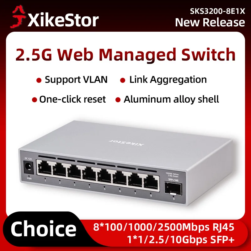 XikeStor Easy managed 8-port 2.5G + 1-port 10G switch, support VLAN link aggregation, fanless design network hub and splitter