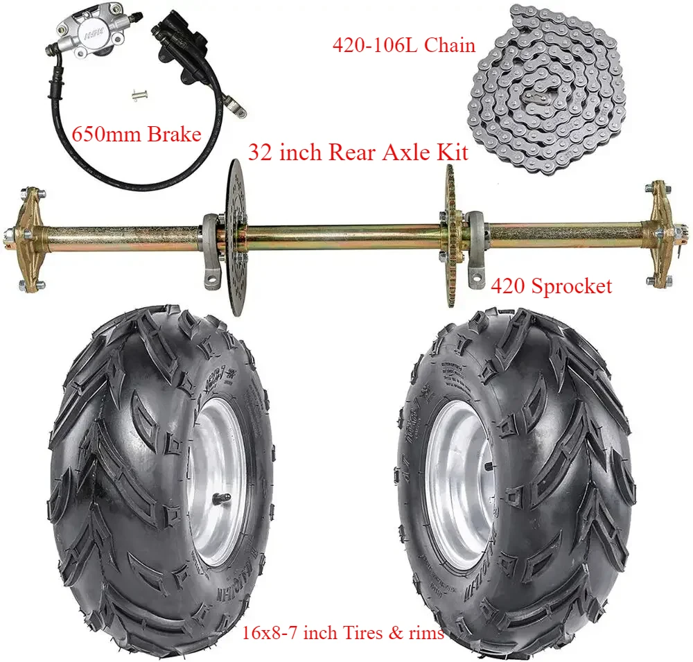 

32" 810mm ATV Go Kart Rear Axle 420 Sprocket Kit & 16x8-7 Wheels Brake Chain Assembly for DIY Drift Trike ATV Quad Golf Cart