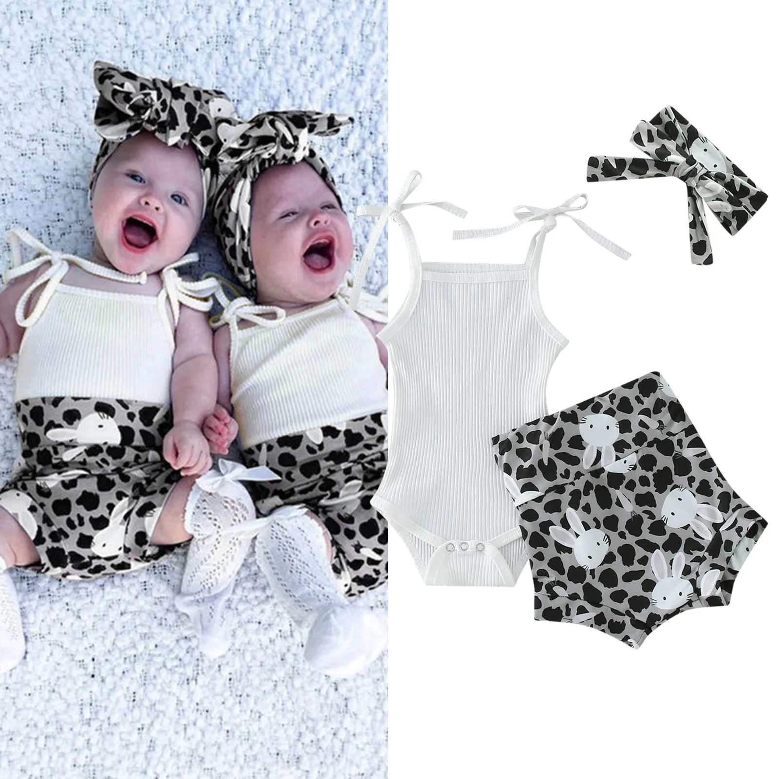 

5 Piece Baby Infant Girls Sleeveless Ribbed Romper Bodysuits Easter Rabbit Prints Shorts Outfits Toddler Girl Hooded Outfit Set
